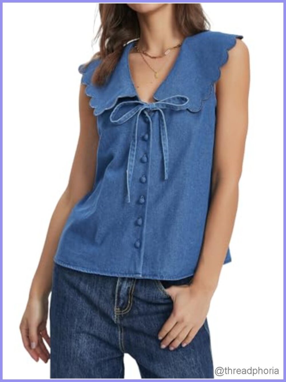 Women Sleeveless Denim Vest Bow Tie Front Button Down Peter Pan Collar Jean Vest